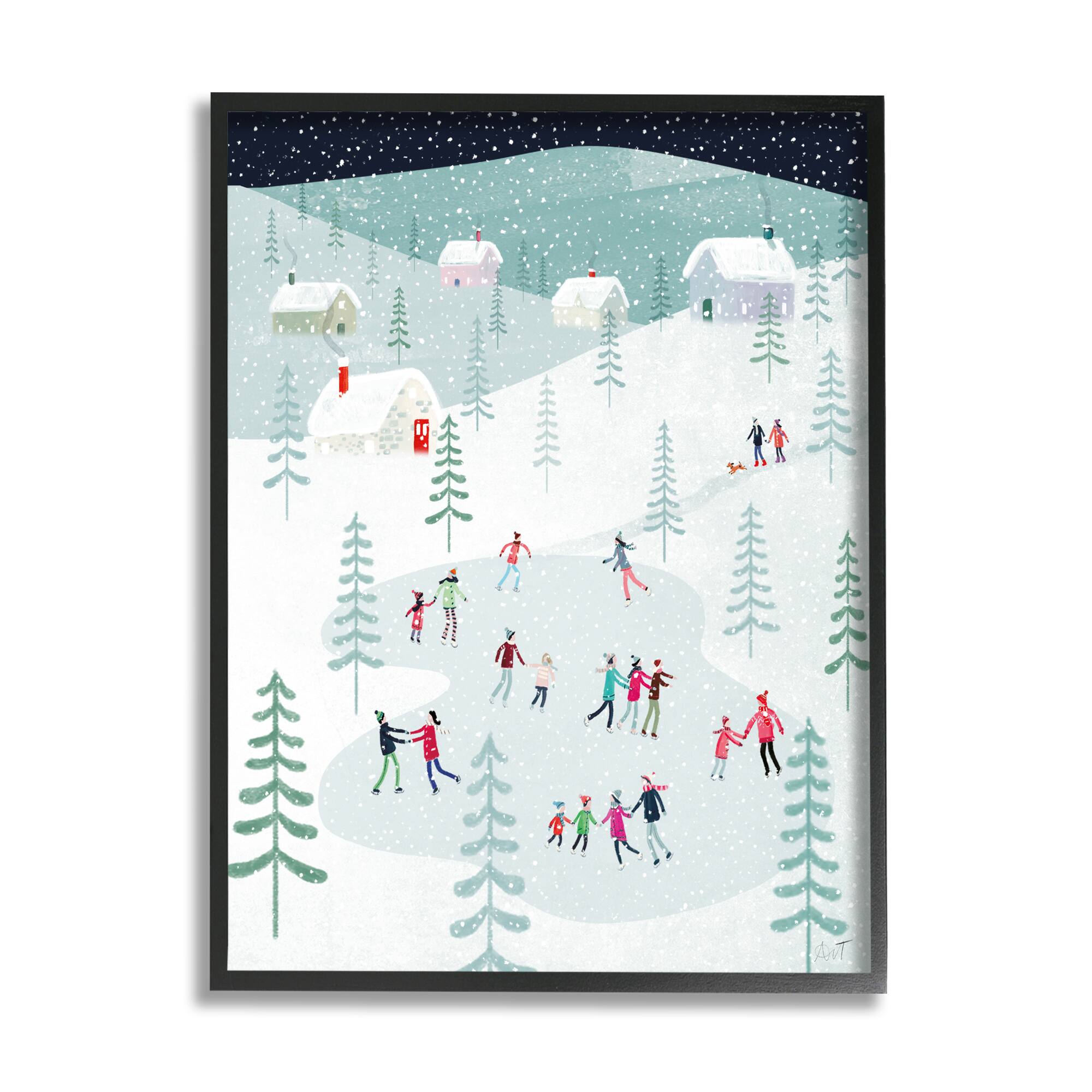 Stupell Industries Ice Skating Families Snowfall Framed Giclee Art